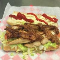 Chicken Club Hot Sandwich · Grilled chicken, bacon, lettuce, fresh tomatoes, roasted pepper and mayonnaise.