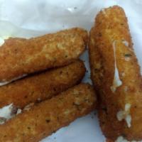Mozzarella sticks · Mozzarella cheese that has been coated and fried.