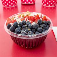 Acai Bowl · Made with 1 pure acai, frozen strawberries, 1/2 frozen banana 1 scoop of frozen blueberries ...