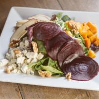 Raizes Salad · mixed greens, roasted squash, beets, walnuts, gorgonzola, and apples; balsamic vinaigrette