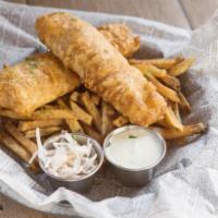 Fish and Chips  · Beer battered fresh cod filet served with hand cut fries, house-made coleslaw and horseradis...