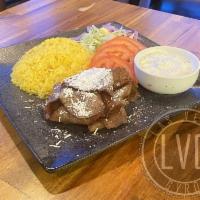 The LVG Bowl · beef and lamb, LVG sauce, myzithra cheese, tomato, lettuce, and onion
on saffron rice