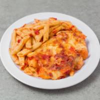 Pasta with Chicken Parmigiana · Served with garlic knots or butter hero.