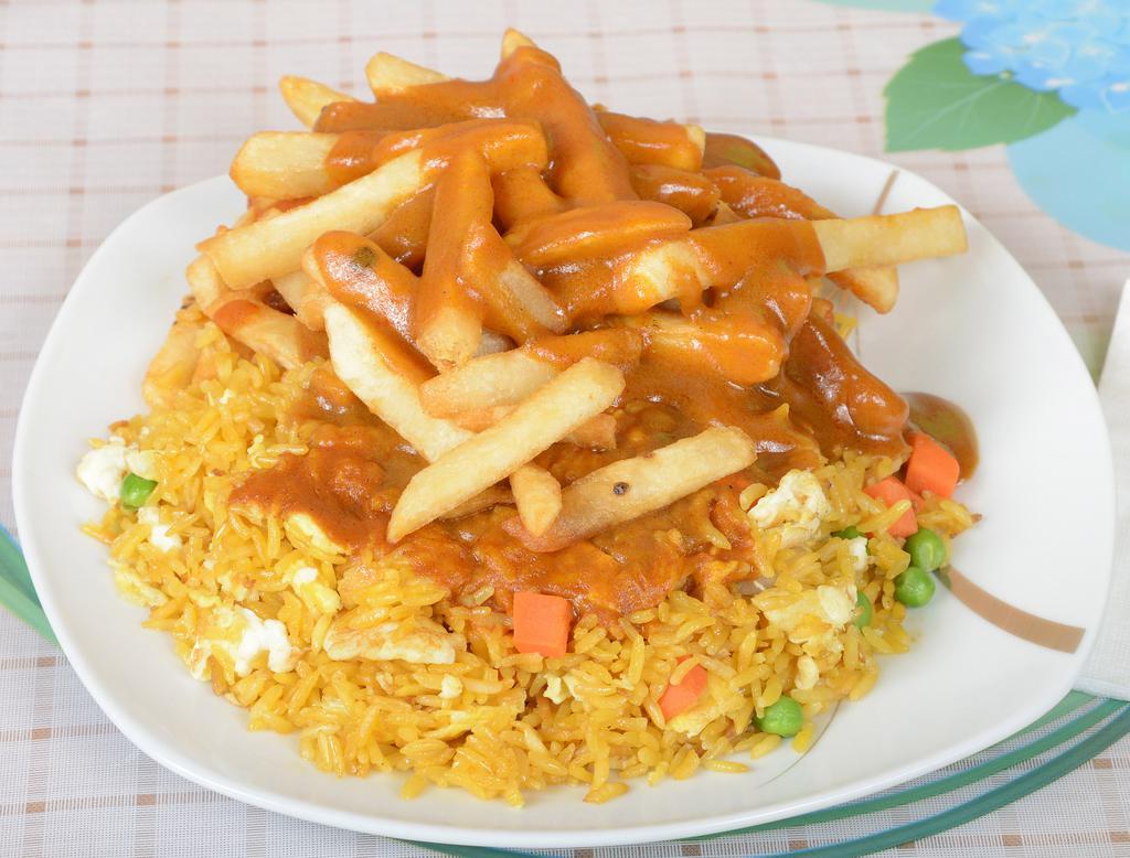 24. Three In One · Egg fried rice, french fries and curry sauce.
