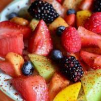 FRUIT ＆ YOGURT PLATE · mixed seasonal fruit + berries with Greek yogurt and sprinkled with Tajin