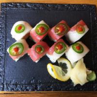 Le Jazz Hot Roll · Spicy Salmon salad, Tempura Crunch, soy paper, sushi rice, sesame seeds, Maguro, Hamachi, Ja...