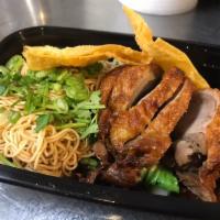 Ba Mee Ped (Dry Noodles with Duck) · Roasted Duck, Egg Noodles, Bok Choy, Beansprouts, Ground Peanut, Soy Sauce, a Dash of Vinega...