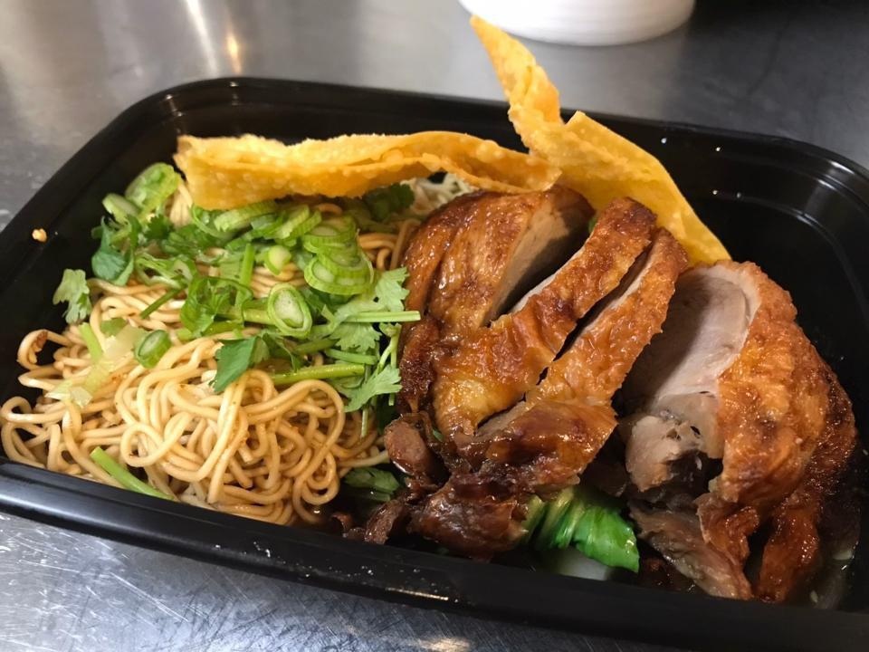 Ba Mee Ped (Dry Noodles with Duck) · Roasted Duck, Egg Noodles, Bok Choy, Beansprouts, Ground Peanut, Soy Sauce, a Dash of Vinegar, topped with cilantro ,scallions and fried garlic. Spicy