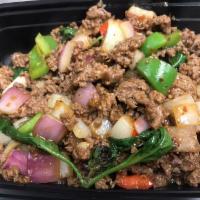 Beef Kaprow · Minced beef, red and white onions, bell peppers, basil leaves, garlic, bird chili, and jasmi...