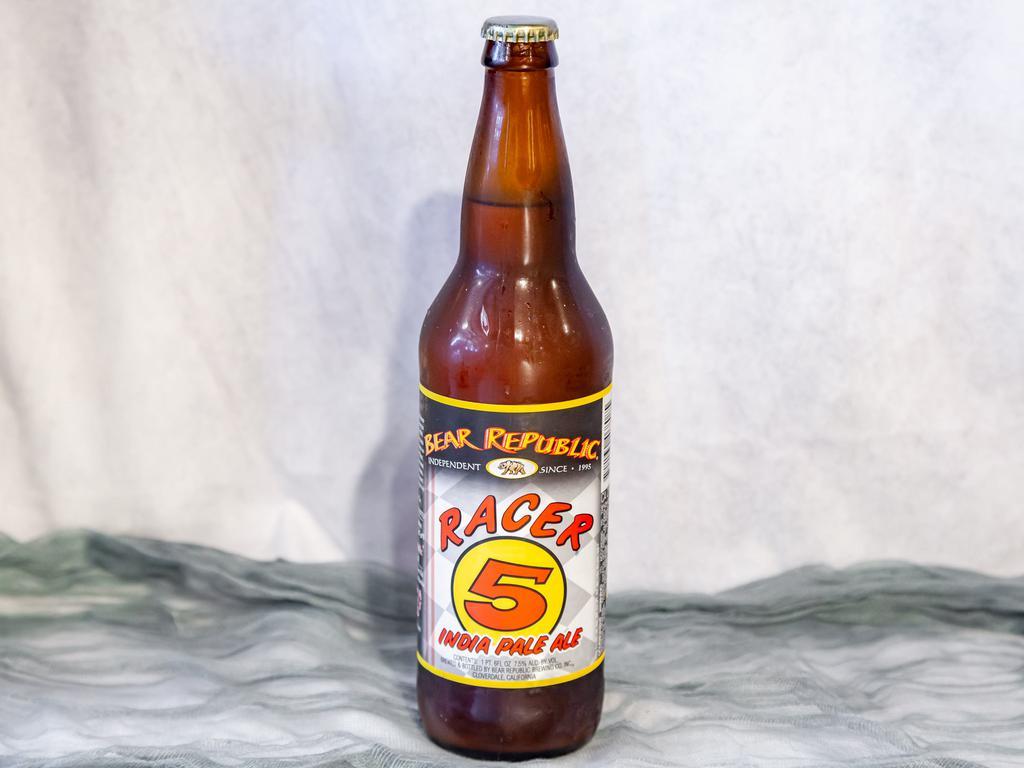 Bear Republic Racer 5 IPA · Must be 21 to purchase. This hoppy American IPA is a full bodied beer brewed American pale and crystalmalts and heavily hopped with Chinook Cascade Columbus and Centennial. There's a trophy in every glass. 