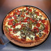 Nick's Special Gourmet Pizza · Onion, green peppers, mushrooms, ham, sausage, and pepperoni.
