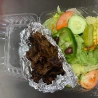 Steak Tip Salad · Lettuce, tomato, carrots, cucumbers, green peppers, pepperoncini, and olives.