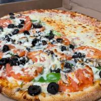 Veggie Specialty Pizza · Black olive, pepper, mushroom, onion, mozzarella, homemade sauce, tomato, and garlic.