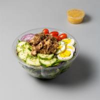 Grilled Chicken Salad · Spring/Spinach mix, boiled eggs, tomatoes, cucumbers, red onions, croutons, cheddar cheese