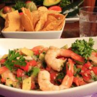 Ceviche de Camaron · Gluten Free. Shrimp appetizer. From the Pacific Coast of Mexico, Ceviche blends cooked shrim...