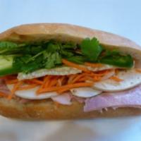 1. Combination Sandwich · Ham, fancy pork, marinated carrots and daikons, cilantro, cucumber, jalapenos in hot french ...