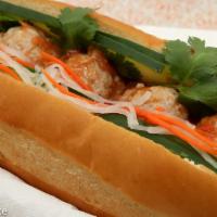 6. Meatball Sandwich · Pork meatballs marinated carrots and daikons, cilantro, cucumber, jalapenos in hot french ba...