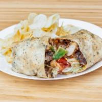 Chicken Wrap · Tender, marinated chicken grilled and served with tomato, onion, green pepper, cheddar chees...
