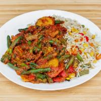 Vegetarian Curry · Fresh mixed vegetables sauteed and simmered in curry sauce. Served with mixed rice, Sugo sau...