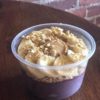 Peanut Butter Acai Bowl · Bananas, peanut butter and organic gluten-free granola. Contains organic acai and almond milk.