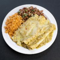 Enchiladas · 3 enchiladas filled with cheese and your choice of meat smothered in your choice of salsa Ro...