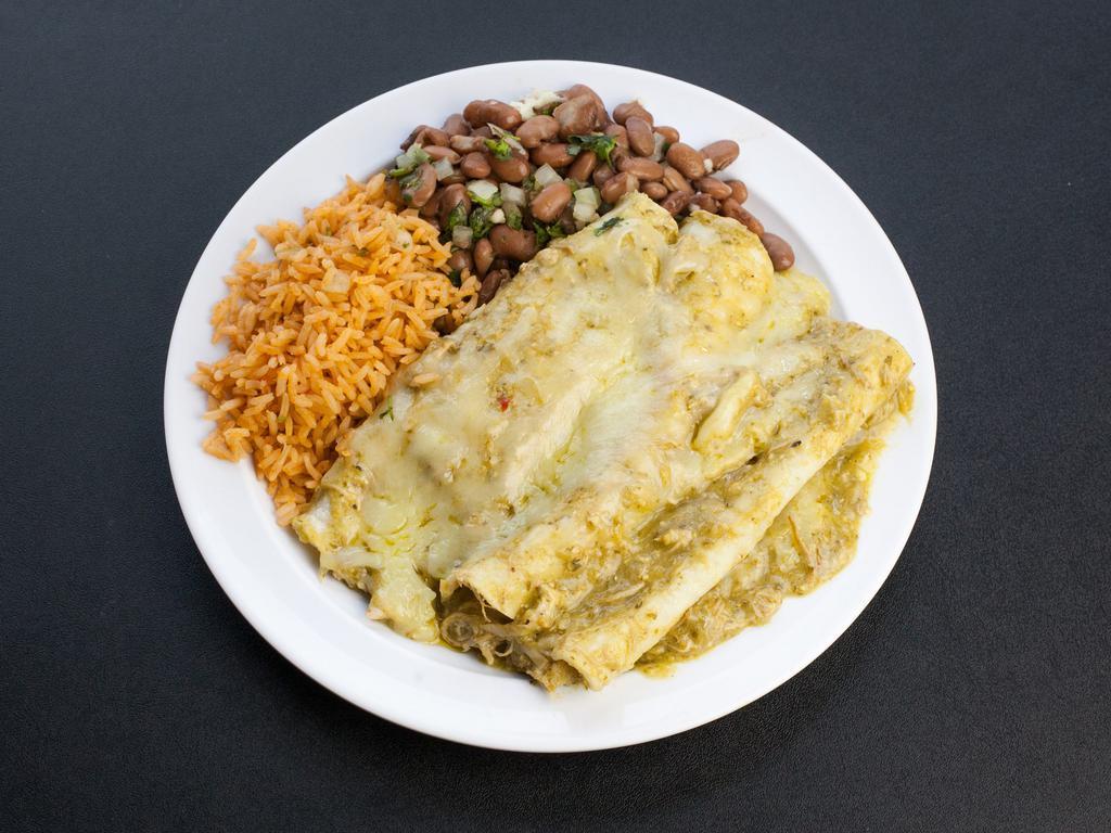 Enchiladas · 3 enchiladas filled with cheese and your choice of meat smothered in your choice of salsa Roja or Verde. Fish and prawns for an additional charge.