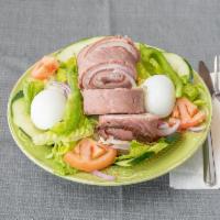 48. Chef Salad · Romaine lettuce, tomato, cucumber, onions, peppers, turkey, roast beef, ham, Swiss  cheese a...