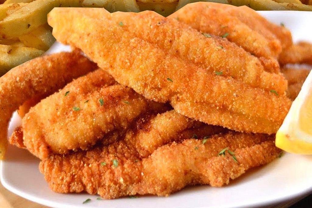 Catfish ＆ Fries · Seasoned fresh fish fillets battered deep fried to a golden perfection with a salad and seasoned fries.