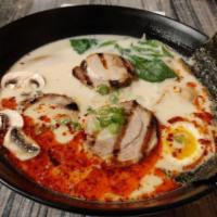 R4. Shio Ramen · Ramen noodle with chashu roasted pork, spinach, mushrooms, egg, bamboo shoots, green onions,...