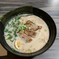 R2. Chashu Ramen with Roasted Chicken · Ramen noodle with chashu roasted chicken, fish cake, bean sprouts, egg, and green onion in a...