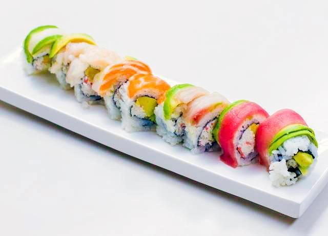 H1. Rainbow Roll · Cucumber, avocado, imitation crab with tuna, salmon, shrimp, hamachi and saba.