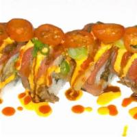 H20. Meat Lovers Roll · Beef with pork mix tempura, cucumber and avocado. Topped with tender slice beef, tomato, gre...