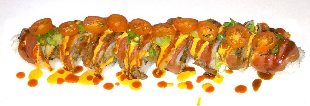 H20. Meat Lovers Roll · Beef with pork mix tempura, cucumber and avocado. Topped with tender slice beef, tomato, green onion, spicy sauce, and teriyaki sauce