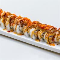 H7. Spider Roll · Fried soft shell crab, cucumber, imitation crab, masago, avocado, and cucumber, topped with ...