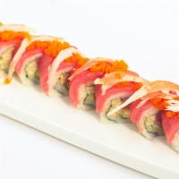 H10. Pink Lady · Spicy tuna wrapped in snow crab, tuna, avocado, cucumber, topped with masago.