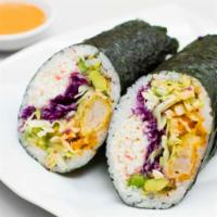 B5. Tempura Burrito · Shrimp tempura, imitation crab, mixed cabbage, avocado, rice and wasabi Sriracha o.