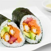 B1. Rainbow Burrito · Fresh tuna and salmon sashimi, tempura shrimp, avocado, daikon sprouts, green onions, rice a...