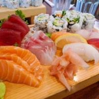 S3. Sushi and Sashimi Combo · 3 pieces nigiri, 8 pieces California roll and 9 pieces sashimi .