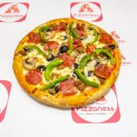 Mealness Pizza · Pepperoni, Italian sausage, onions, fresh mushrooms, black olives, green peppers and extra c...