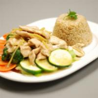 Healthy and Tasty  · Steamed mixed vegetables with chicken white meat and topped with ginger sauce.