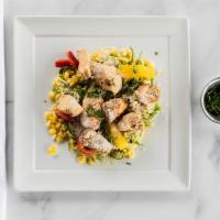 Smart Chicken Pesto Zoodles · Sliced chicken breast, pesto-tossed zucchini noodles, bell pepper, roasted corn, jalapenos, ...