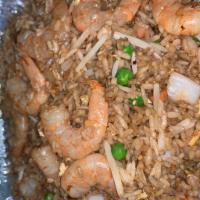 Shrimp Fried Rice · Fried white rice with soy sauce, eggs, peas, carrots, onion, sprout beans.