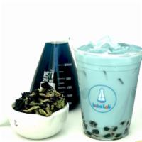 Marshmallow Milk Tea · Butterfly Pea Flower Tea (naturally blue) 
brewed, sweetened w/ toasted marshmallow, and sha...