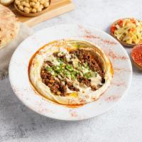 Hummus Bowl with Moroccan Beef (GF) by Oren's Hummus · By Oren's Hummus. Hummus topped with Moroccan spiced ground beef and pine nuts. Served with ...