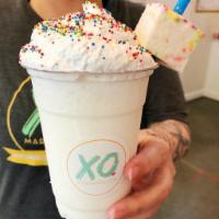 Frozen Birthday Cake Hot Cocoa · 16oz frozen white chocolate cupcake frappe, topped with marshmallow fluff, sprinkles, and a ...