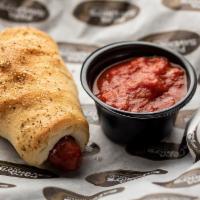 Gondola Dog · Hot dog wrapped in pizza dough filled with mozzarella cheese and marinara or cheese sauce. 