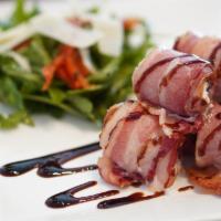 Bacon-wrapped Dates · Stuffed with Feta and Mascarpone Cheese, drizzled with aged 
balsamic vinegar glaze. Garnish...