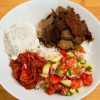 Gyro Rice Bowl · Lamb & Beef Gyro Meat, Basmati Rice, Roasted Red Peppers, 
diced  Tomato, Cucumber, onion me...