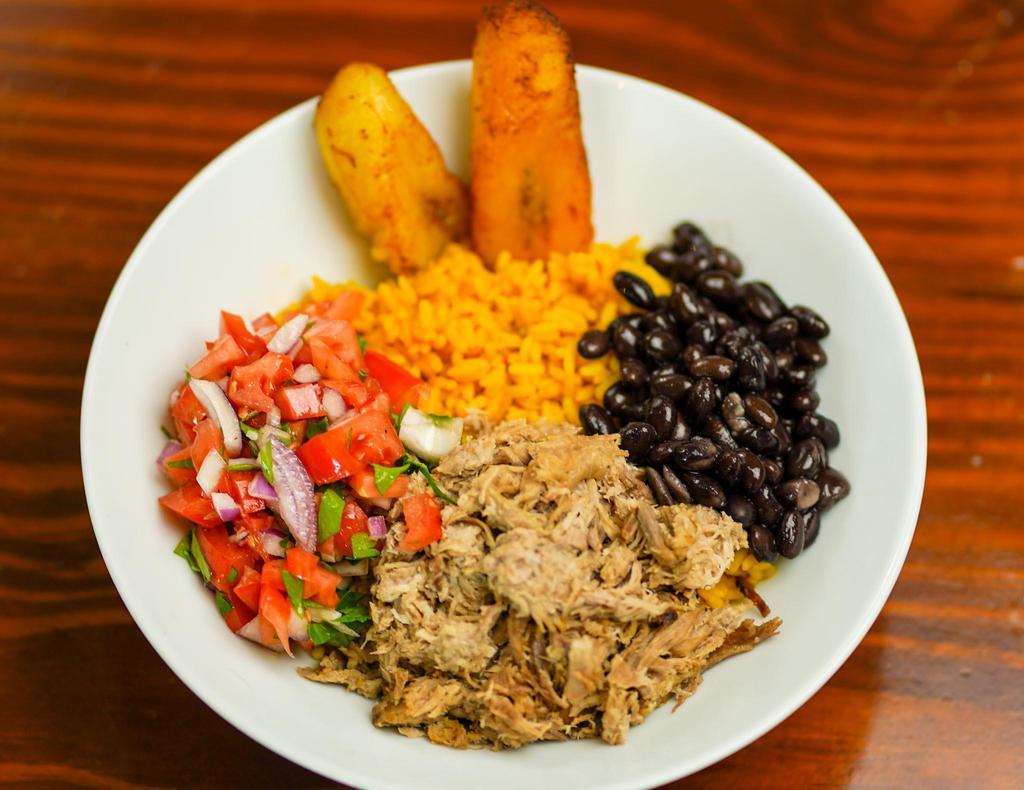 Pulled Pork Rice Bowl · Pulled Pork, Yellow Rice, Black Beans, Plantains and Pico de Gallo