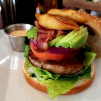 Turkey Burger with Bacon and Plantains · Broiled Turkey Patty, on a bed of Lettuce, tomato and onion, served with Bacon 
Avocado and ...